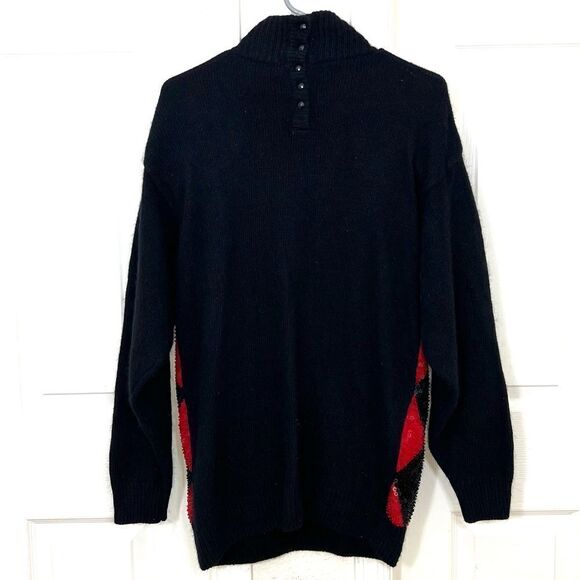 Vintage 90’s Sweater Black Red Argyle Sequin Wool Angora Silk Turtle Neck Size M - Picture 2 of 15